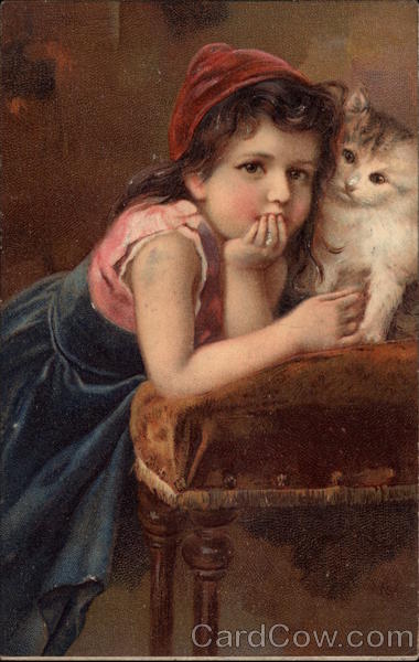 Girl with Fluffy Cat on a Chair Children