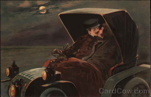 Couple Kissing by Moonlight in Old Fashioned Car Couples