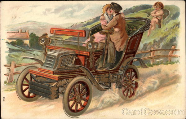 Couple Kissing in Old Fashioned Car with Cupid in Background