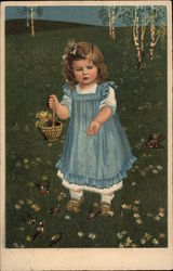 Girl in Blue Pinafore Feeding Birds in a Field Girls Postcard Postcard