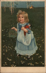 Girl in Field with Doll and Birdcage Girls Postcard Postcard