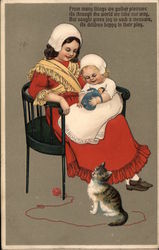 Sisters Sitting on Chair With Cat Girls Postcard Postcard