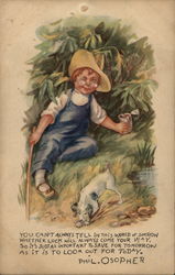 Little Boy With Glasses and Straw Hat with Black and White Dog Little Boy With Glasses and Straw Hat with Black and White Dog