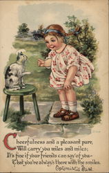 Girl Talking to Cat on Green Stool Girl Talking to Cat on Green Stool