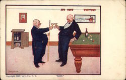 Two Elderly Men Clink Champagne Glasses Near Pool Table