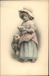 Young Girl Bringing Milk to Lamb Young Girl Bringing Milk to Lamb