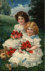 Two Girls in Field Holding Roses Two Girls in Field Holding Roses