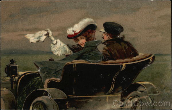 Couple Riding in Early Model Automobile Couples