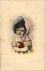 Young Girl Wearing Pink Bonnet & Holding Apple Young Girl Wearing Pink Bonnet & Holding Apple
