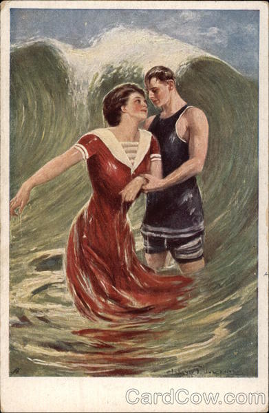 Couple Standing in Ocean Waves Clarence Underwood Couples
