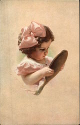 Little Girl in Pink Bow looking in a Hand Mirror Little Girl in Pink Bow looking in a Hand Mirror