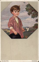 Young Boy Standing in Meadow holding Hat & Flowers Young Boy Standing in Meadow holding Hat & Flowers