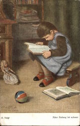 Young Girl Reading a Book with her Toys Young Girl Reading a Book with her Toys