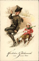 Chimney Sweep Bumped by Girl on Sled in the Snow Chimney Sweep Bumped by Girl on Sled in the Snow