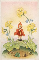 Red Caped Girl standing among Yellow Flowers and Garden Creatures Red Caped Girl standing among Yellow Flowers and Garden Creatures