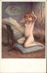 Nude Woman Kneeling on Blue Pillow in Front of Mirror Nude Woman Kneeling on Blue Pillow in Front of Mirror