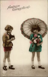 "Hearty Congratulations" - Two Girls with Camera, Flowers, and Umbrella "Hearty Congratulations" - Two Girls with Camera, Flowers, and Umbrella