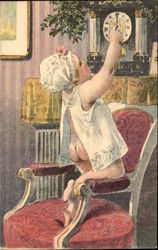 Little Bare-Bottom Girl Standing in Chair Adjusting Clock Little Bare-Bottom Girl Standing in Chair Adjusting Clock