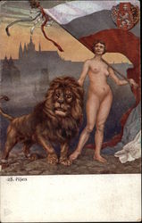 Nude Woman Holding Flag Standing next to Large Lion Nude Woman Holding Flag Standing next to Large Lion