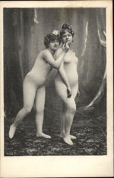 Two Vintage Women in Flesh Leotards Sharing Cigarette Two Vintage Women in Flesh Leotards Sharing Cigarette