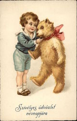 Boy in Blue with Large Teddy Bear Boy in Blue with Large Teddy Bear