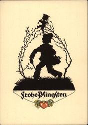 Silhouette of Young Boy, Grass & Bushes with Cherub Silhouette of Young Boy, Grass & Bushes with Cherub