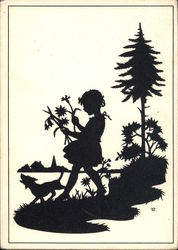 Silhouette of Little Girl Holding Flowers Walking in the Woods With Her Dog Silhouette of Little Girl Holding Flowers Walking in the Woods With Her Dog