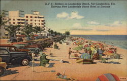 Bathers at Lauderdale Beach, Showing New Lauderdale Beach Hotel in Distance Bathers at Lauderdale Beach, Showing New Lauderdale Beach Hotel in Distance