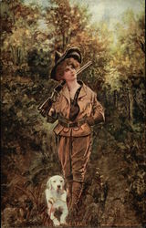 Woman Hunter in Woods with White Dog Woman Hunter in Woods with White Dog