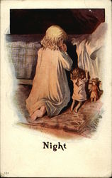 Night - Little Girl Kneels by Bed with Two Dolls and Says Her Prayers Night - Little Girl Kneels by Bed with Two Dolls and Says Her Prayers