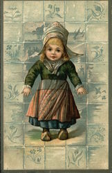 Girl in Dress and Wooden Shoes Standing in Front of Blue Tile Girl in Dress and Wooden Shoes Standing in Front of Blue Tile