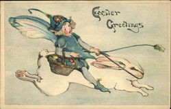 Easter Greetings with Fairy riding Bunny Postcard