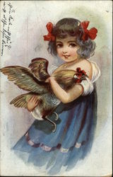 Girl with red hair ribbons and blue dress holding rooster Girl with red hair ribbons and blue dress holding rooster