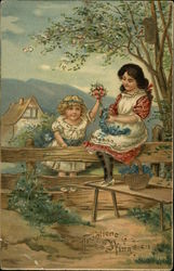 Two Girls Gathering Flowers At Fence Two Girls Gathering Flowers At Fence