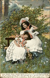 Two Little Girls in White Ruffled Dresses Hold Orange Flowers and Sit on Bench Two Little Girls in White Ruffled Dresses Hold Orange Flowers and Sit on Bench