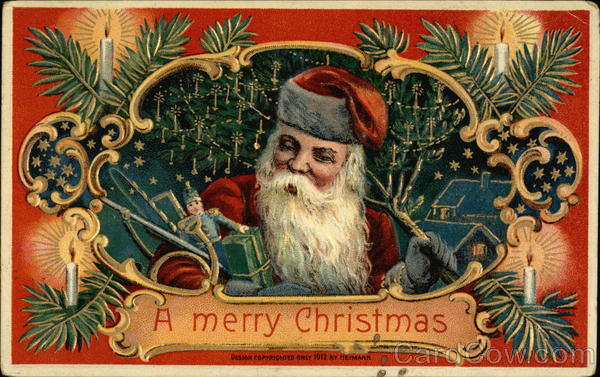 A Merry Christmas - Inset of Santa with Toys and Tree Antique Postcard