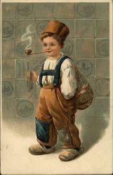 Little Boy in Ethnic Outfit of Brown Pants, Suspenders and White Shirt Smoking a Pipe Little Boy in Ethnic Outfit of Brown Pants, Suspenders and White Shirt Smoking a Pipe