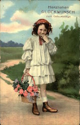 Blushing Girl Holding Basket of Flowers - German Language Blushing Girl Holding Basket of Flowers - German Language