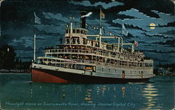 Moonlight scene on Sacramento River Showing Steamer Capital City California Postcard Postcard Postcard