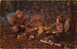 Man and Woman Around Campfire Camping Postcard Postcard Postcard