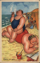 Large Person, Smoking, Sitting Atop Another Large Person at Beach Postcard