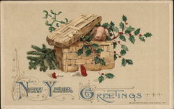New Year Greetings with Pig in Basket Postcard
