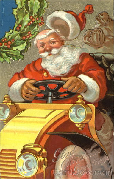 Santa Driving Car Antique Postcard