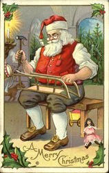 Santa making sled smoking pipe