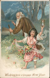 Wishing You a Happy New Year - A Young Girl and Old Man Postcard
