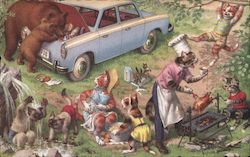 Cats Grilling and Playing Outside While Bears Get Into Their Car Postcard