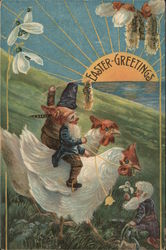 Easter Greetings - Elves Riding Chickens Postcard