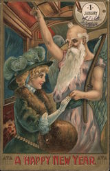 Woman Greeting Father Time: A Happy New Year Postcard