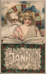 Jan. 1st. - Father Time looks over shoulder of beautiful lady turning pages Postcard