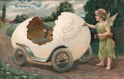 Easter Greetings - fairy painting Easter Greetings on car made out of an egg shell Postcard